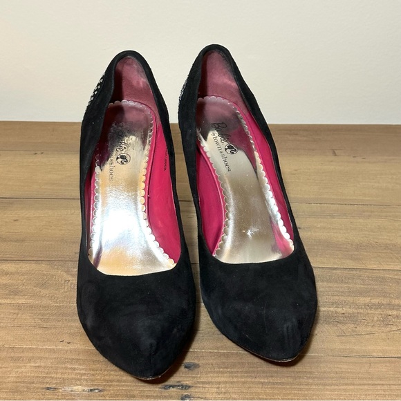 Barbie x Town Shoes black suede leather and sequin pink bottom heels - Picture 5 of 8